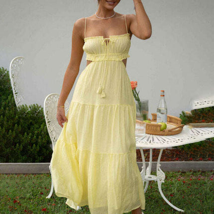 Women's new v-neck sleeveless solid color stitching long dress with large hem