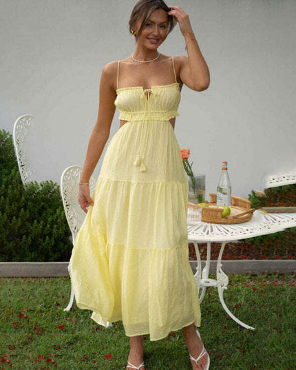 Women's new v-neck sleeveless solid color stitching long dress with large hem