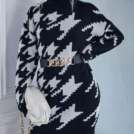 Elegant Houndstooth Turtleneck Sweater Dress for Women - Cozy and Chic Polyester Blend