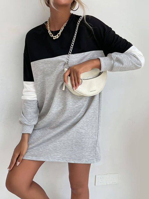 Casual Chic Long Sleeve Color Block Sweatshirt Dress for Women - Stylish Comfort