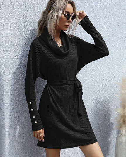 Sophisticated Collar Detail Ribbed Knit Dress with Long Sleeves