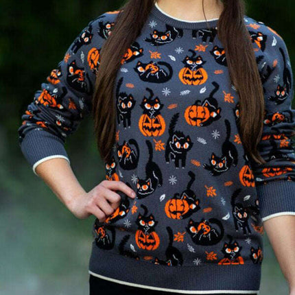 Fashionable Women's Jacquard Sweater Halloween Loose Round Neck Pullover Women's Sweater