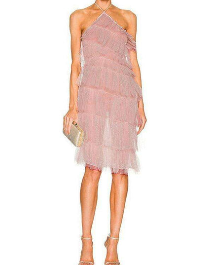 Chic French Backless Halter Dress with Mesh Detail