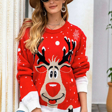 Women Reindeer Pattern Knit Holiday Sweater
