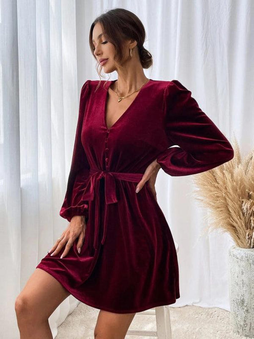 New V-neck waist A-line skirt long-sleeved velvet sexy banquet dress