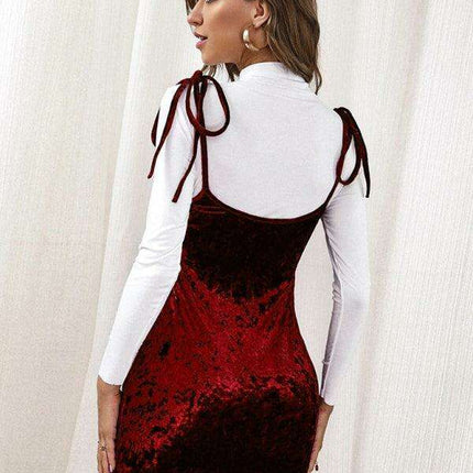 Velvet Charm Bow Suspender Mini Dress with Alluring Slit and Chic Bow Accent