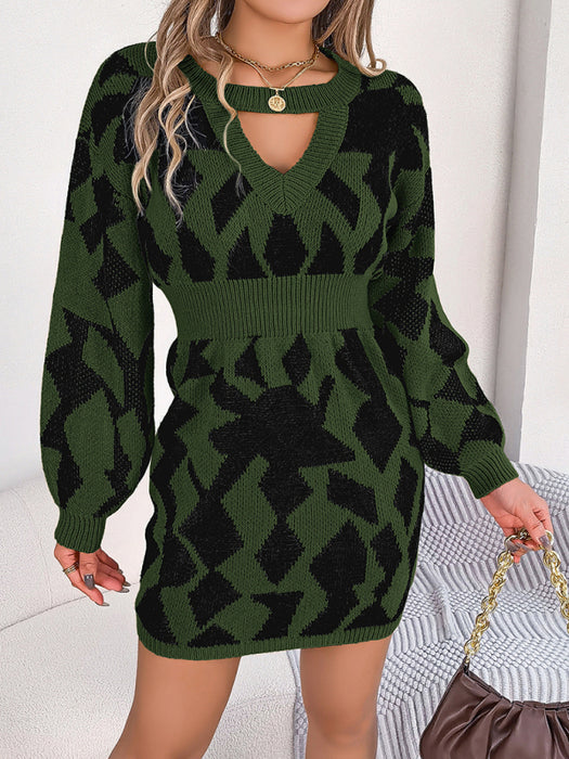 Chic Color-Blocked Lantern Sleeve Sweater Dress