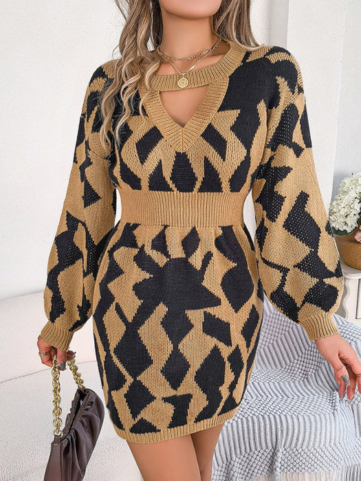 Chic Color-Blocked Lantern Sleeve Sweater Dress