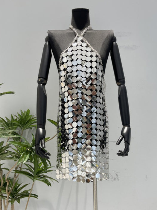 Sparkling Sequin Halter Neck Backless Dress - Women's Glamorous Hand-Knitted Skirt