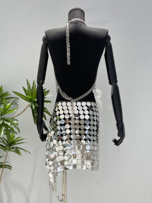 Sparkling Sequin Halter Neck Backless Dress - Women's Glamorous Hand-Knitted Skirt