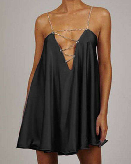 Glamorous Women's Heavy Metal Diamond Chain Backless V-Neck Dress