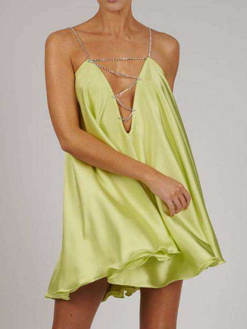 Glamorous Women's Heavy Metal Diamond Chain Backless V-Neck Dress