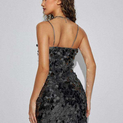 Glamorous Chain Sequined Asymmetrical Dress with Alluring Detail