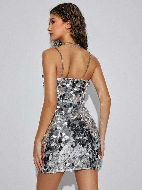 Glamorous Chain Sequined Asymmetrical Dress with Alluring Detail