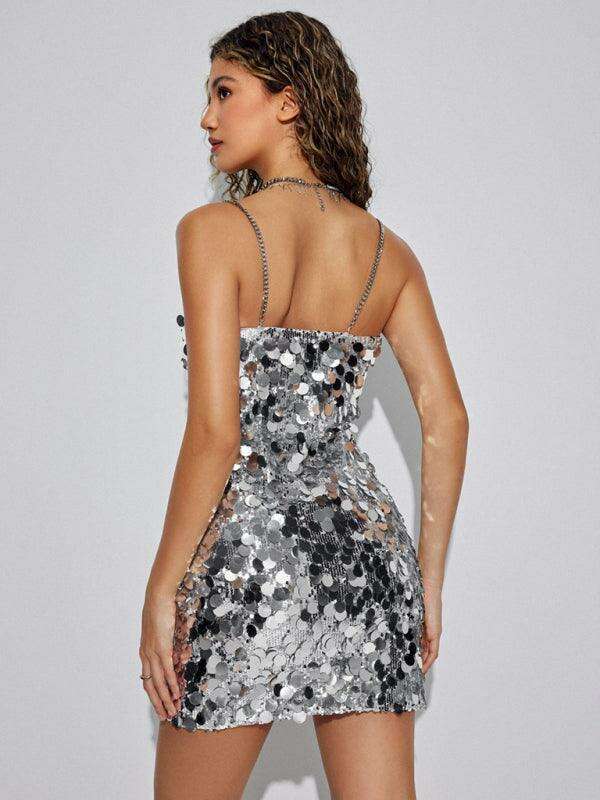 Glamorous Chain Sequined Asymmetrical Dress with Alluring Detail
