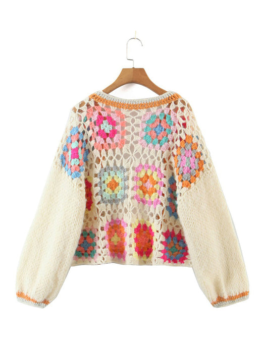 Women's loose color block crochet cardigan