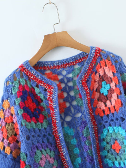 Women's loose color block crochet cardigan