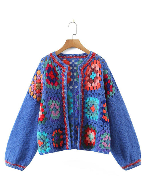 Women's loose color block crochet cardigan