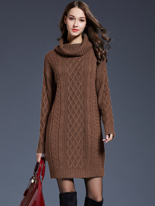 Trendy Women's Turtleneck Knit Sweater Dress with Dropped Shoulder Styling