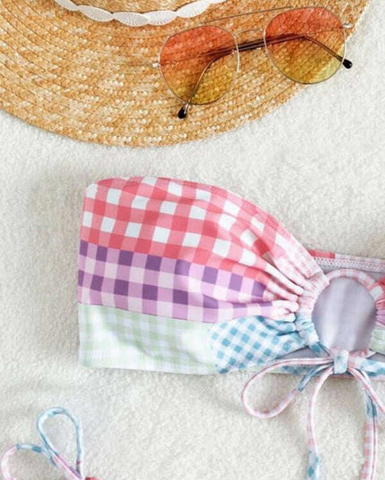 Women's hot spring resort plaid lace-up small fresh split swimsuit