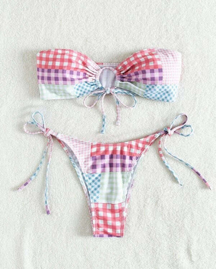 Women's hot spring resort plaid lace-up small fresh split swimsuit