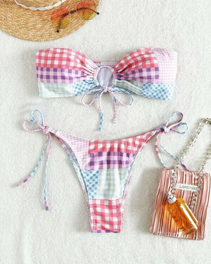 Women's hot spring resort plaid lace-up small fresh split swimsuit