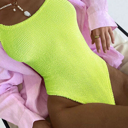 Women's Candy Color Fluorescent Pleated Fabric One-Piece Swimsuit