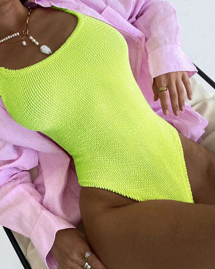 Women's Candy Color Fluorescent Pleated Fabric One-Piece Swimsuit