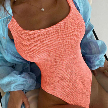 Women's Candy Color Fluorescent Pleated Fabric One-Piece Swimsuit