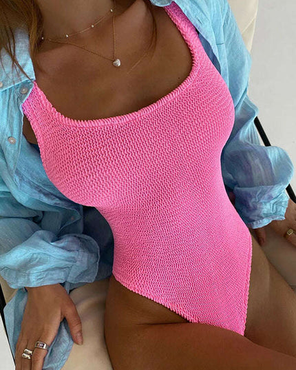 Women's Candy Color Fluorescent Pleated Fabric One-Piece Swimsuit