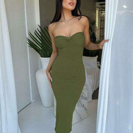 Elegant Strapless Wool Blend Dress with Cross Knit Detail - Chic and Seductive