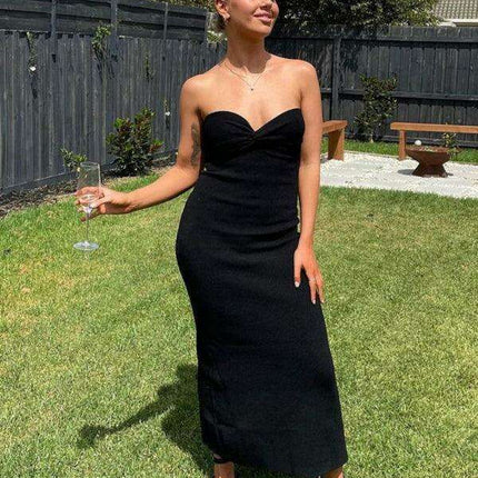 Elegant Strapless Wool Blend Dress with Cross Knit Detail - Chic and Seductive