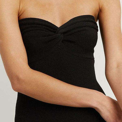 Elegant Strapless Wool Blend Dress with Cross Knit Detail - Chic and Seductive