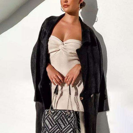 Elegant Strapless Wool Blend Dress with Cross Knit Detail - Chic and Seductive