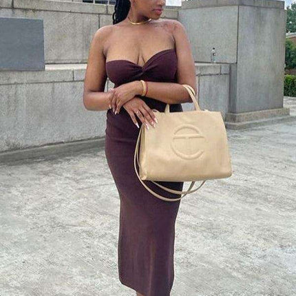 Elegant Strapless Wool Blend Dress with Cross Knit Detail - Chic and Seductive