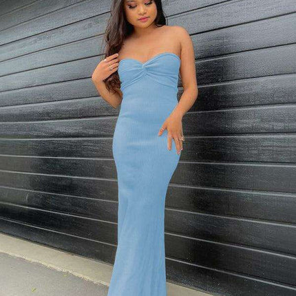 Elegant Strapless Wool Blend Dress with Cross Knit Detail - Chic and Seductive