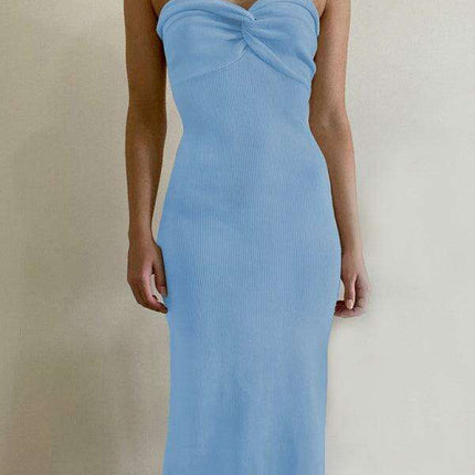 Elegant Strapless Wool Blend Dress with Cross Knit Detail - Chic and Seductive