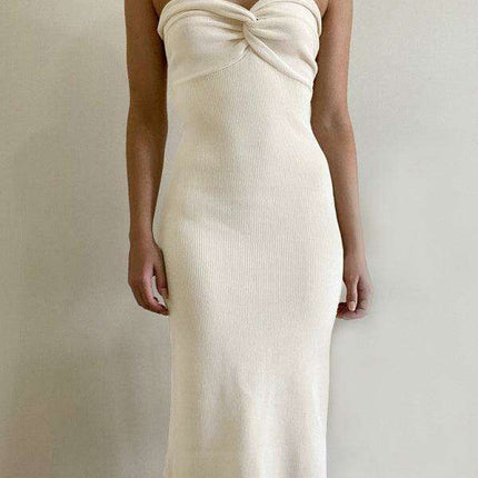 Elegant Strapless Wool Blend Dress with Cross Knit Detail - Chic and Seductive