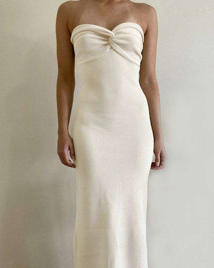 Elegant Strapless Wool Blend Dress with Cross Knit Detail - Chic and Seductive