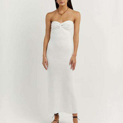 Elegant Strapless Wool Blend Dress with Cross Knit Detail - Chic and Seductive