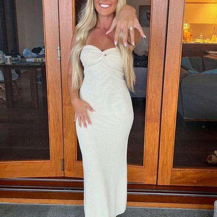 Elegant Strapless Wool Blend Dress with Cross Knit Detail - Chic and Seductive