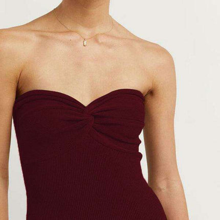 Elegant Strapless Wool Blend Dress with Cross Knit Detail - Chic and Seductive