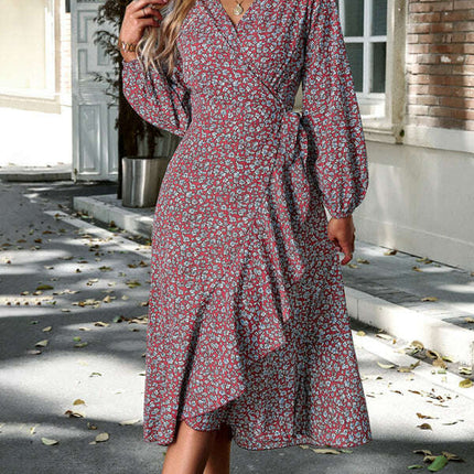 Floral wrap casual resort style strappy full skirt dress