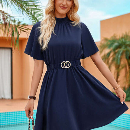 Solid color half turtleneck short-sleeved casual dress with belt