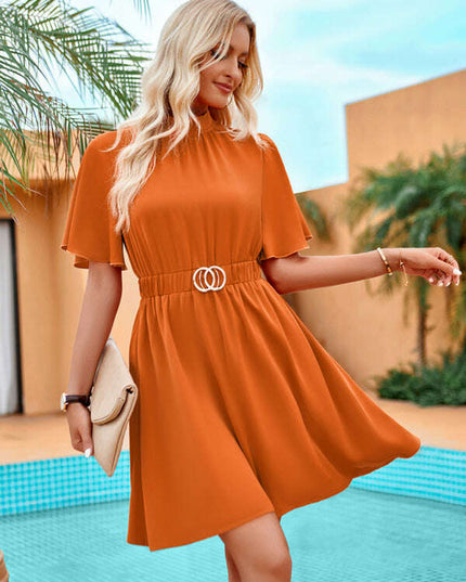 Solid color half turtleneck short-sleeved casual dress with belt