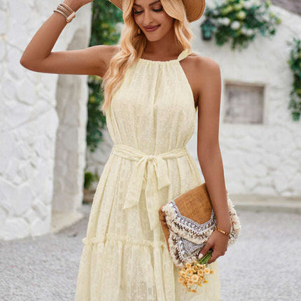 Solid Color Casual Halter Neck Sleeveless Waist Dress