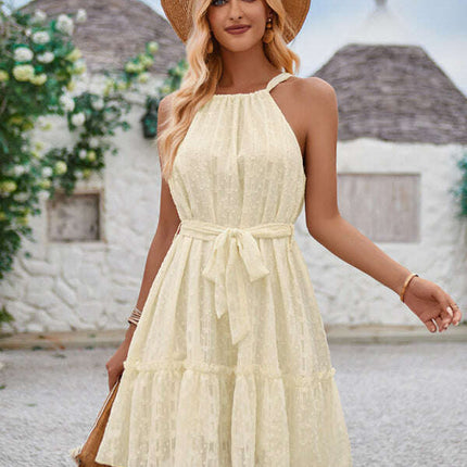 Solid Color Casual Halter Neck Sleeveless Waist Dress