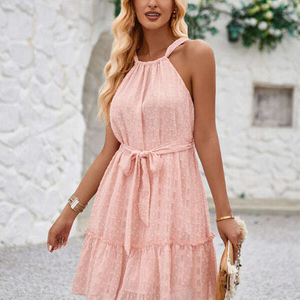 Solid Color Casual Halter Neck Sleeveless Waist Dress
