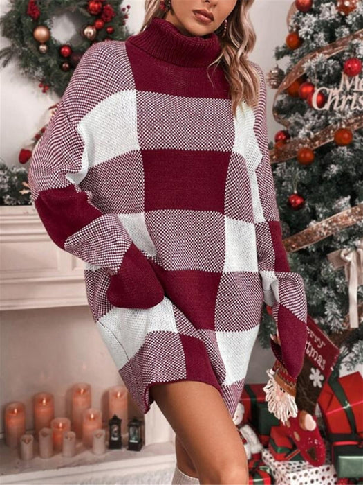 Holiday Vibes Turtleneck Plaid Sweater Dress