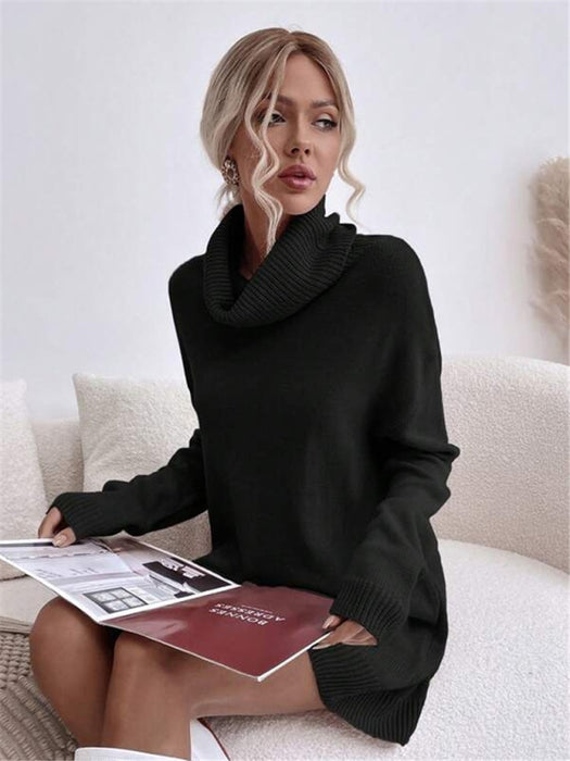 Elegant Solid Color Turtleneck Knit Sweater Dress for Women